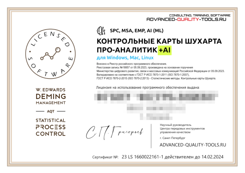 Certificat de titulaire de licence pour le logiciel « Shewhart control charts PRO-Analyst +AI » (pour Windows, Mac, Linux)